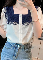 Women White Square Collar Lace Patchwork Button Shirt Short Sleeve