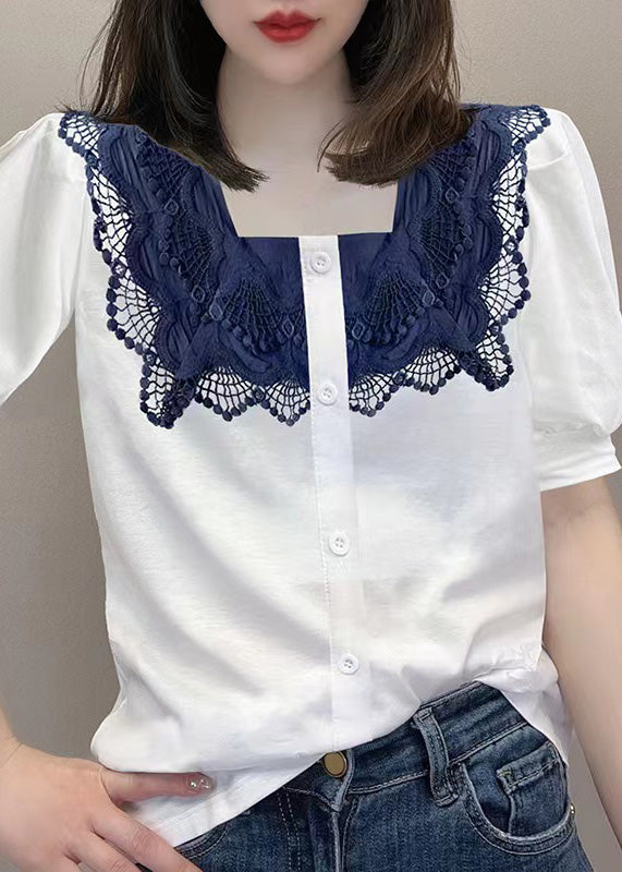 Women White Square Collar Lace Patchwork Button Shirt Short Sleeve