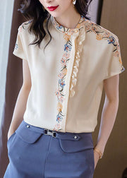 Women White Stand Collar Asymmetrical Ruffled Print Silk Tops Summer