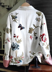 Women White Stand Collar Chinese Button Embroideried Silk Tops Spring