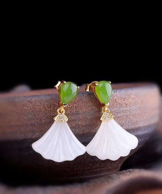 Women White Sterling Silver Inlaid Jade Fan Shaped Drop Earrings