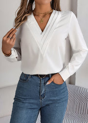 Women White V Neck Patchwork Cotton Shirt Fall