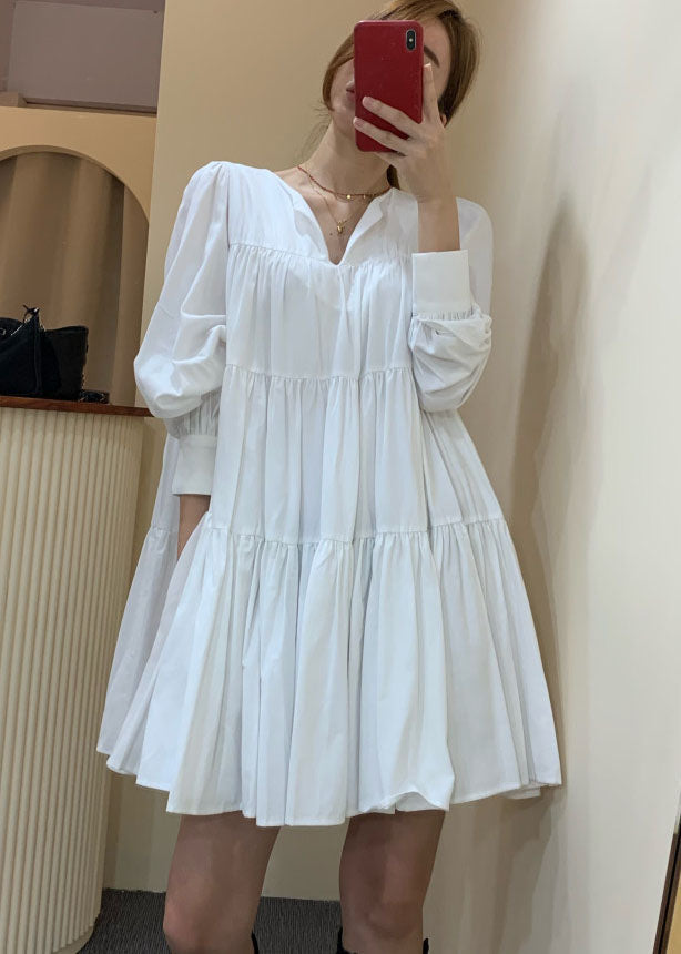 Women White V Neck Patchwork Wrinkled Cotton Dress Long Sleeve