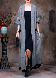 Women White V Neck Pockets Striped Knit Trench Coats Long Sleeve