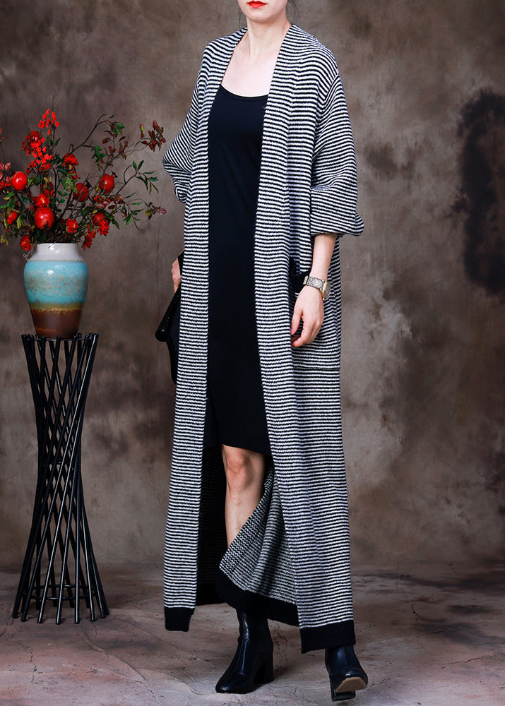 Women White V Neck Pockets Striped Knit Trench Coats Long Sleeve