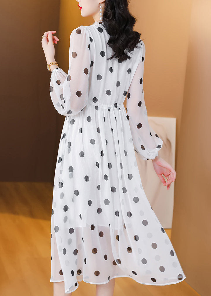 Women White V Neck Print Drawstring Chiffon Dress Lantern Sleeve