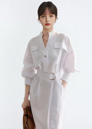 Women White V Neck Tie Waist Cotton Shirts Dress Fall