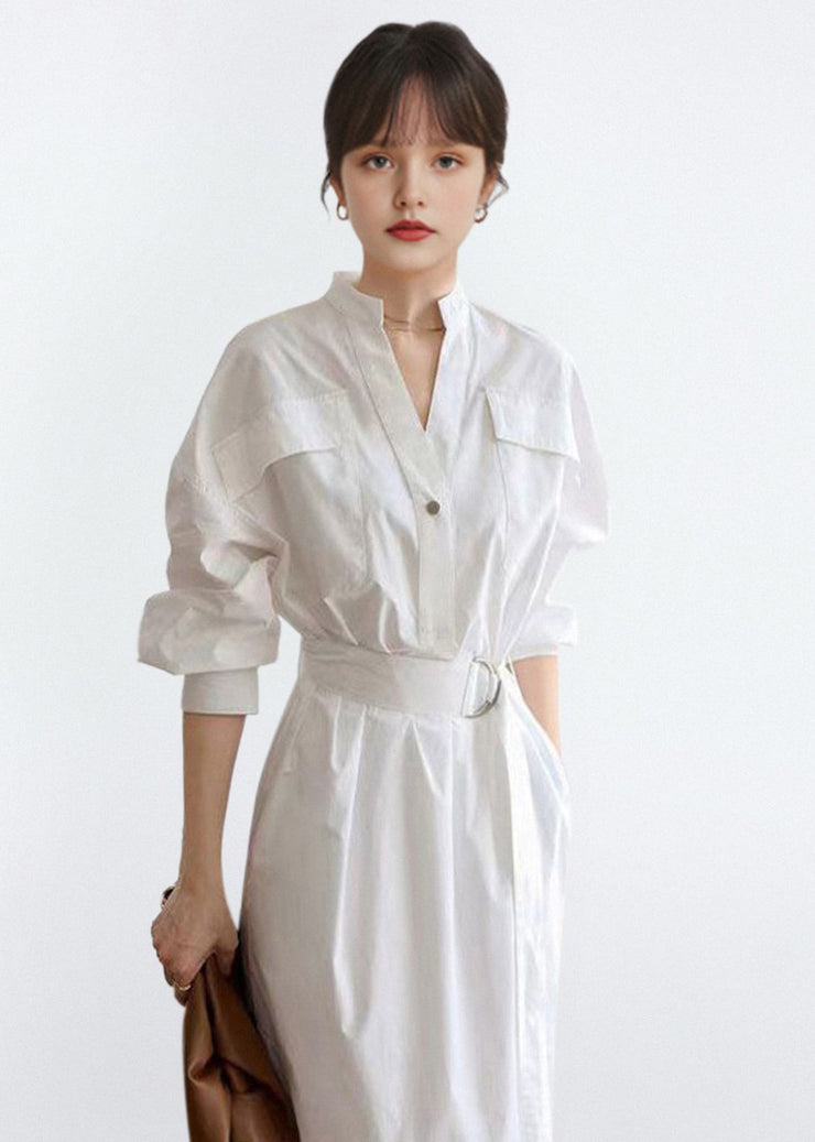 Women White V Neck Tie Waist Cotton Shirts Dress Fall