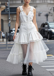 Women White V Neck Tulle Patchwork Denim Dress Summer