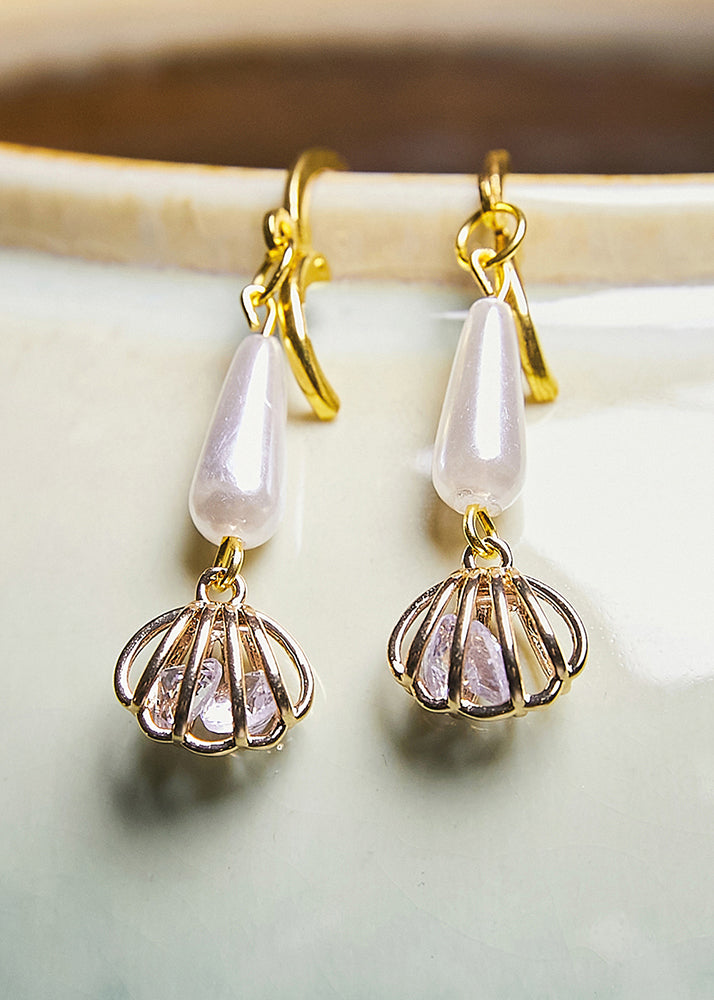 Women White Water Droplet Pearl Tassels Bud Drop Earrings