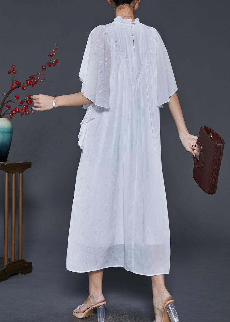 Women White Wrinkled Chiffon Long Dresses Butterfly Sleeve