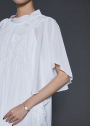 Women White Wrinkled Chiffon Long Dresses Butterfly Sleeve