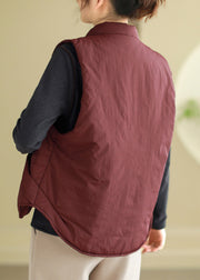 Women Wine Red Button Pockets Cotton Filled Waistcoat Sleeveless