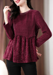 Women Wine Red Lace Patchwork Knit Top Long Sleeve