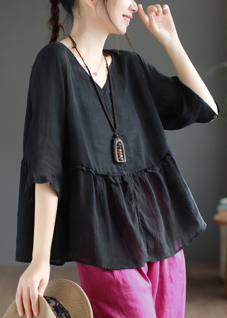 Women Wine Red Ruffled Side Open Patchwork Linen Shirts Summer