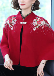 Women Wine Red Stand Collar Embroideried Patchwork Woolen Coats Fall