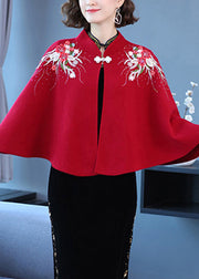 Women Wine Red Stand Collar Embroideried Patchwork Woolen Coats Fall