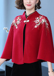 Women Wine Red Stand Collar Embroideried Patchwork Woolen Coats Fall