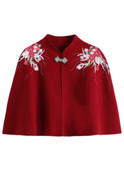 Women Wine Red Stand Collar Embroideried Patchwork Woolen Coats Fall