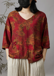 Women Wine Red V Neck Print Patchwork Cotton Top Summer