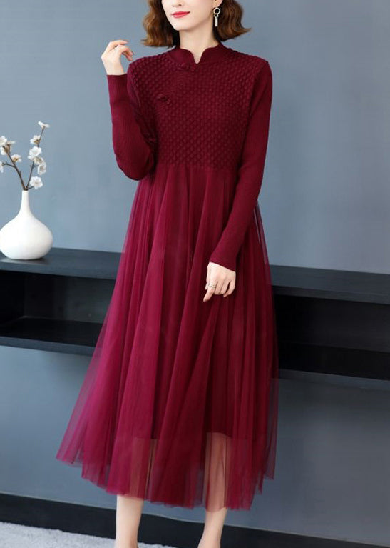 Women Wine Red Wrinkled Patchwork Knit Sweater Dress Long Sleeve