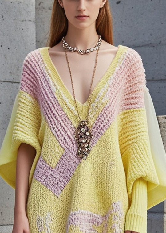 Women Yellow Asymmetrical Patchwork Long Knit Dress Fall