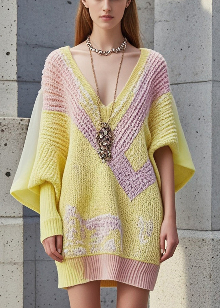 Women Yellow Asymmetrical Patchwork Long Knit Dress Fall