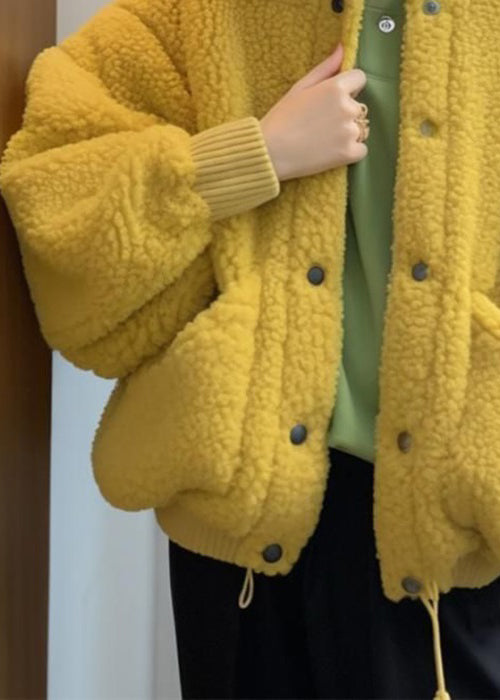 Women Yellow Button Pockets Teddy Faux Fur Coat Spring