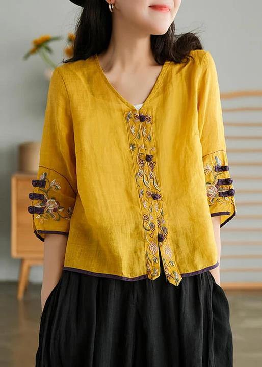 Women Yellow Casual Ramie Cardigan Embroidered Shirt - bagstylebliss