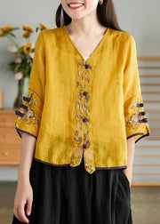 Women Yellow Casual Ramie Cardigan Embroidered Shirt - bagstylebliss