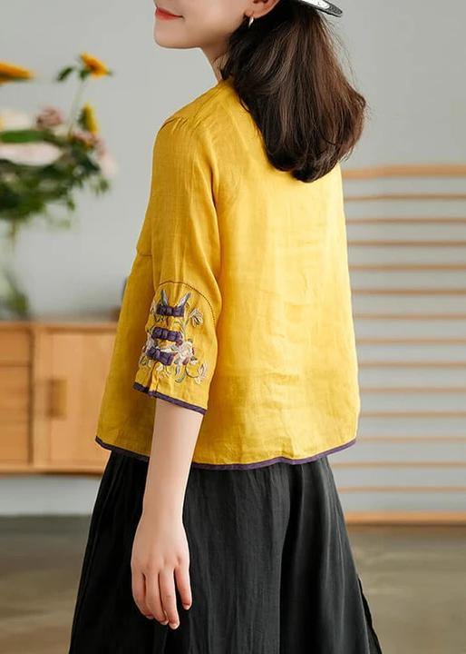 Women Yellow Casual Ramie Cardigan Embroidered Shirt - bagstylebliss