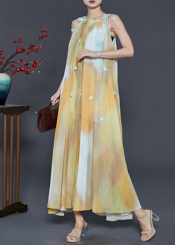 Women Yellow Cold Shoulder Tie Dye Chiffon Beach Dress Summer