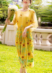 Women Yellow Daisy Embroideried Tie Waist Silk Vacation Dresses Flare Sleeve