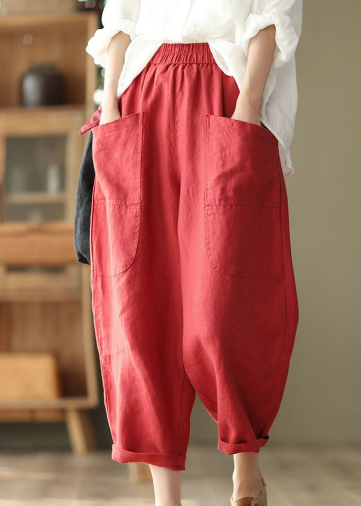 Women Yellow Elastic Waist Pockets Linen Harem Pants Spring