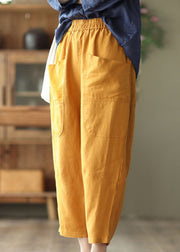 Women Yellow Elastic Waist Pockets Linen Harem Pants Spring