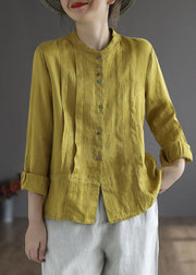 Women Yellow Elegant Button Fall Top Long Sleeve Linen - bagstylebliss