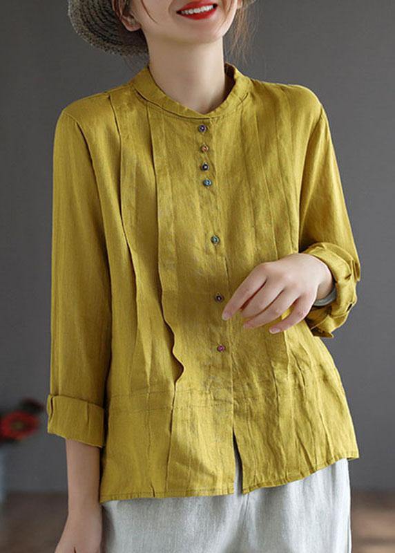 Women Yellow Elegant Button Fall Top Long Sleeve Linen - bagstylebliss