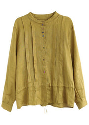 Women Yellow Elegant Button Fall Top Long Sleeve Linen - bagstylebliss