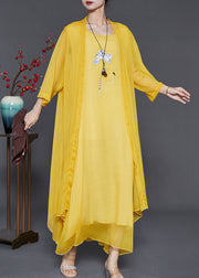 Women Yellow Embroidered Chiffon Two Pieces Set Summer