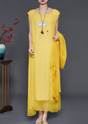 Women Yellow Embroidered Chiffon Two Pieces Set Summer