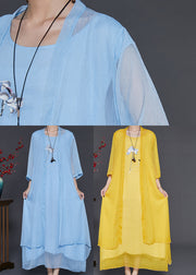 Women Yellow Embroidered Chiffon Two Pieces Set Summer