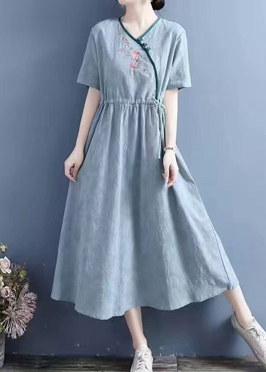 Women Yellow Embroidered Lace Up Linen Dresses Summer