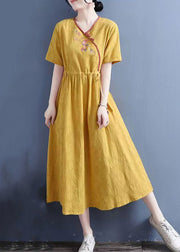 Women Yellow Embroidered Lace Up Linen Dresses Summer