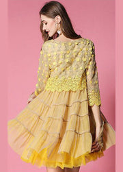 Women Yellow Embroideried Lace Patchwork Tulle Dress Bracelet Sleeve