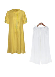 Women Yellow Embroideried Side Open Linen Two Piece Set Spring