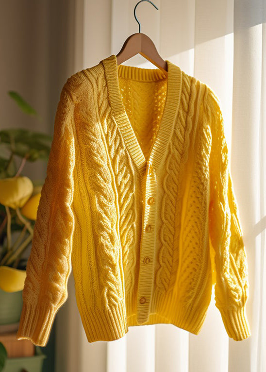 Women Yellow Hollow Out Button Solid Knit Cardigans Fall