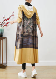 Women Yellow Hooded Print Cotton Trench Coats Fall