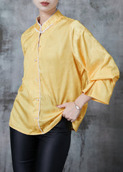 Women Yellow Mandarin Collar Jacquard Silk Shirt Tops Fall