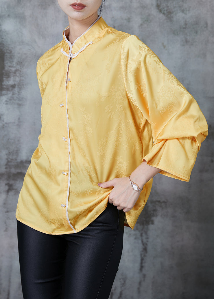 Women Yellow Mandarin Collar Jacquard Silk Shirt Tops Fall