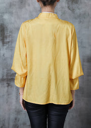 Women Yellow Mandarin Collar Jacquard Silk Shirt Tops Fall